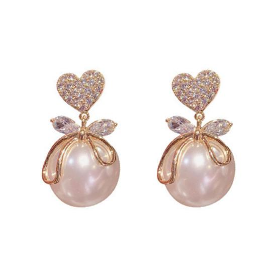 Yousheng 1 пара элегантных сережек-подвесок в форме сердца с бантом, висячие серьги, блестящие стразы, серьги-гвоздики из искусственного жемчуга