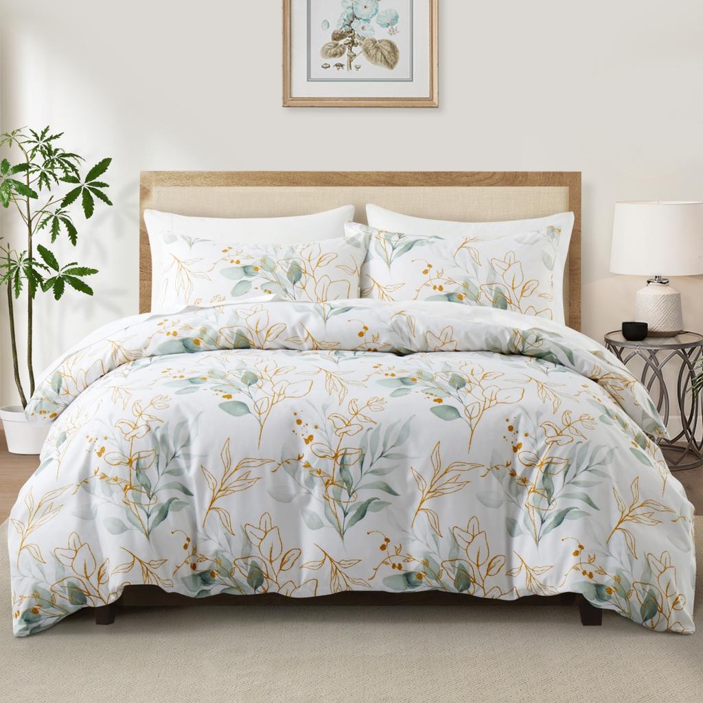 Sage Green Leaves Duvet Cover Full King, Farmhouse Botanical Bedding Set for Girls Teen Garden Plant Leaf Reversible Quilt Cover