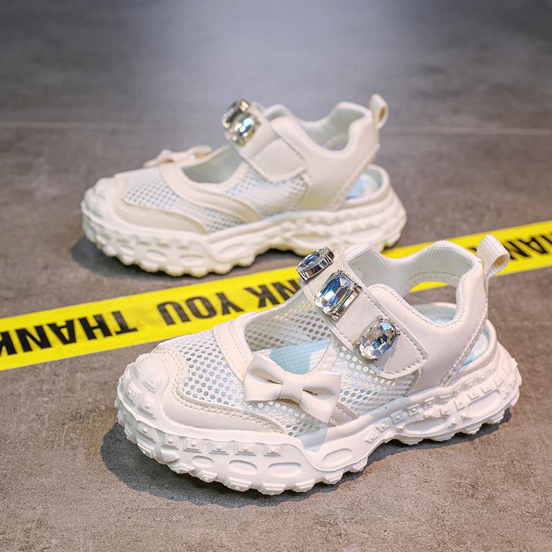Girls' cute bowknot sports sandals with mesh for summer, little girls' shoes with large rhinestones and hollow transparent mesh