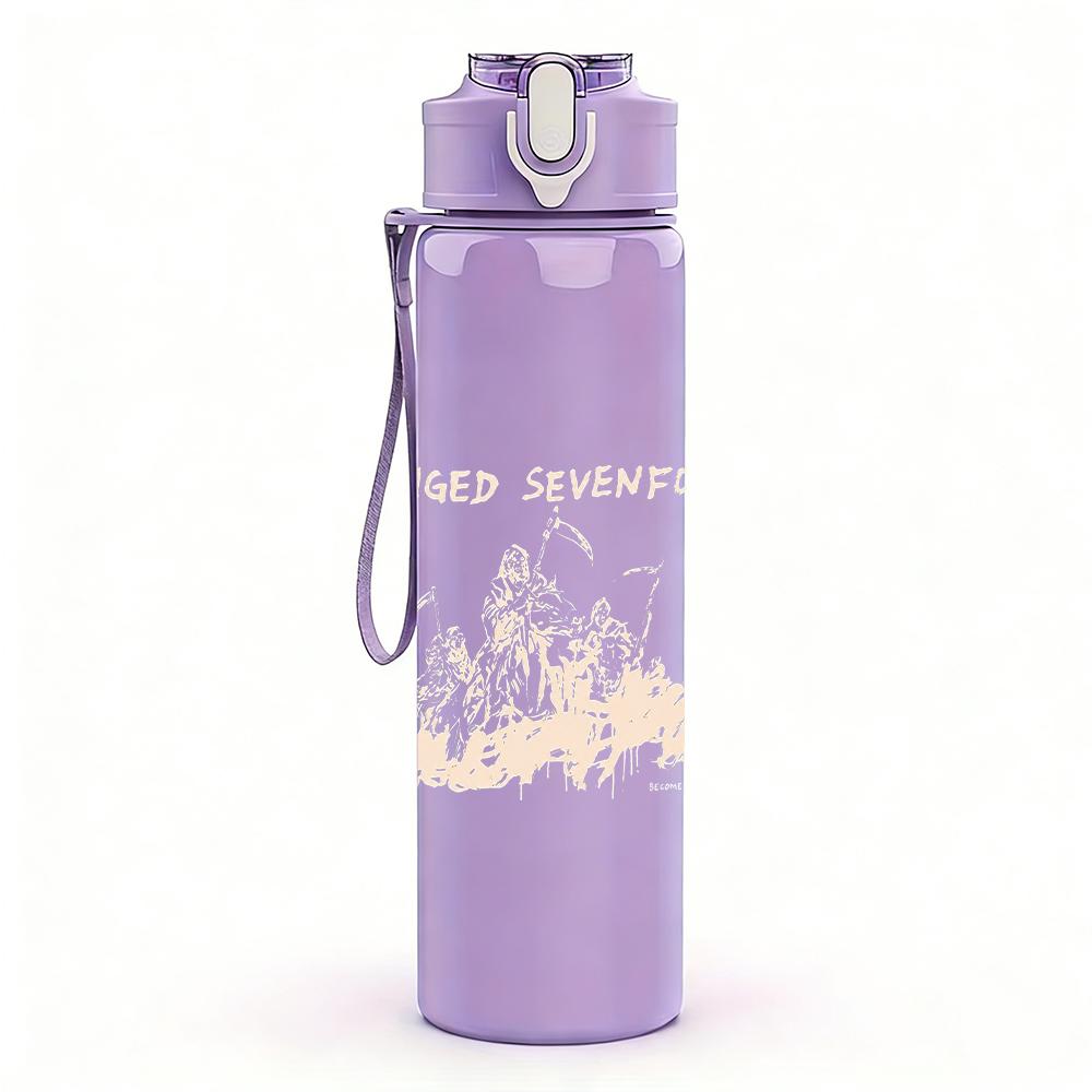 1PC Faint pale band text sketch print 750ml colorful plastic sports water bottle leakproof pop up lid with straw for outdoor work home use