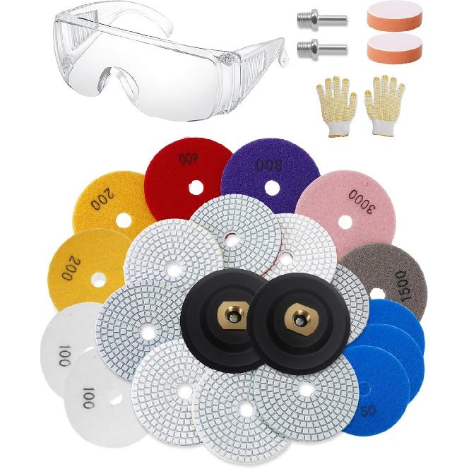 4 Inch Diamond Polishing Pads Kit, 14 Pcs Granite Polishing Pads 50#-3000# Pads with Metal Rods, for Granite, Concrete, Marble, Stone, Tiles, with