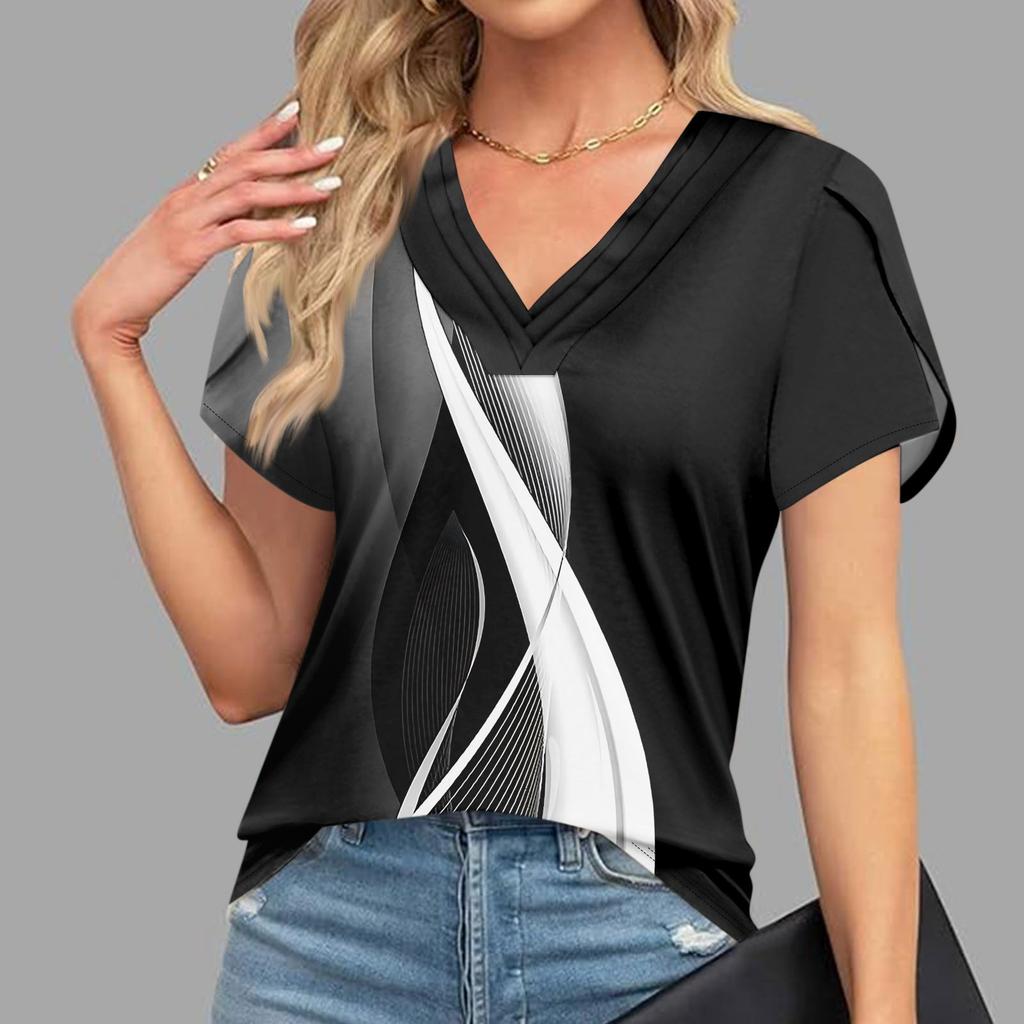 Blouses For Women Dressy Casual, Fashion Print Short Sleeve Retro Print T-Shirt Unique Design  V-Neck Oversized Tshirts