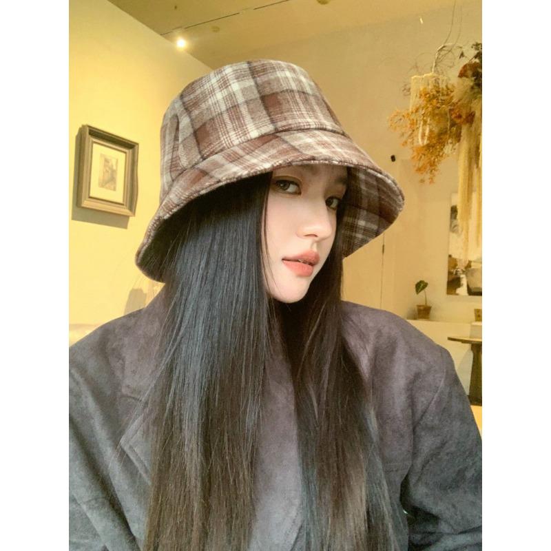 Women S Plaid Bucket Hat Double Sided Foldable Sun Protection Large Head Size Korean Style