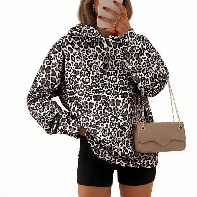 Womens Leopard Print Hooded Sweatshirt 2026 Winter Digital Streetwear Long Sleeve Oversized Top