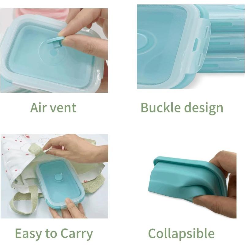 4 Pack Collapsible Silicone Lunch Box - BPA-Free Flat Stacking Food Storage Containers with Lids for Leftovers