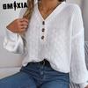 Women's Fashion Casual Solid Color Autumn Winter Long Sleeve V-neck Loose Button Up Lantern Sleeve Pullover Sweater