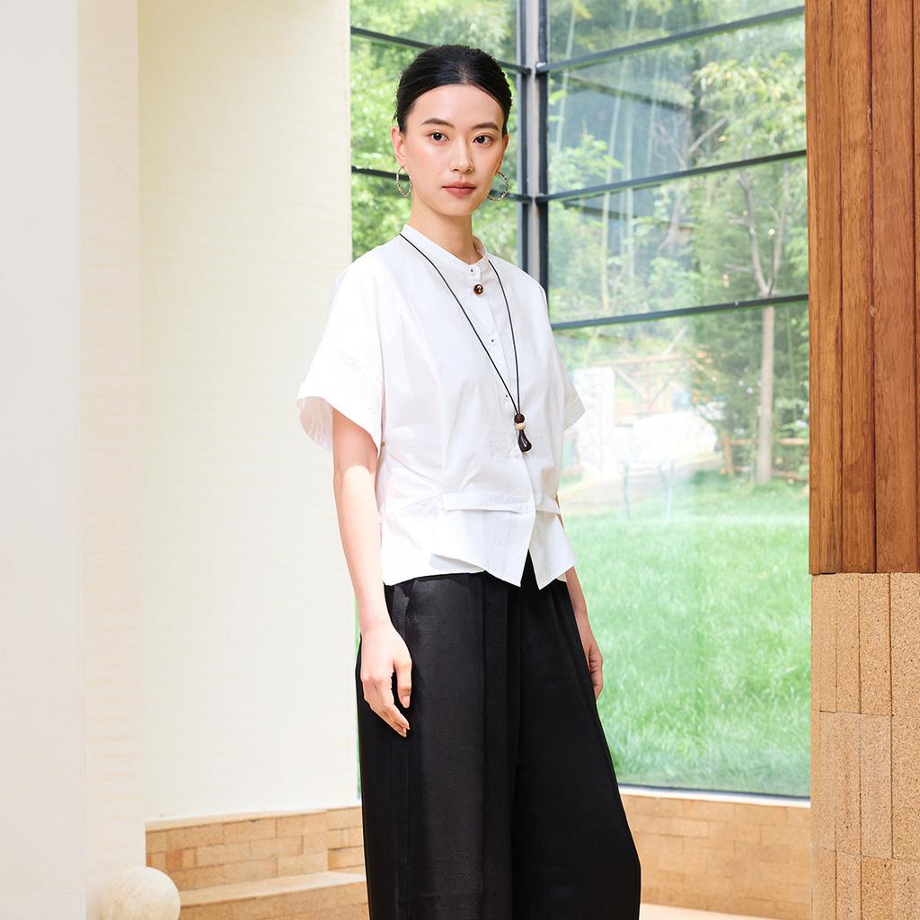 Cotton Stand-Up Collar Short-Sleeved Shirt for Women