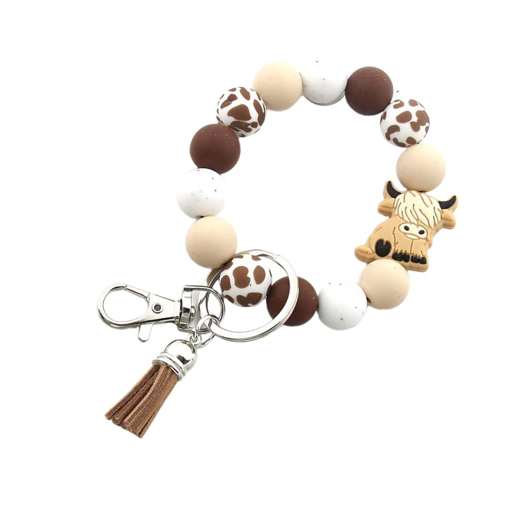 Highland Cow Silicone Tassels Keyring Durable Silicone Beaded Wrist Lanyard with Highland Cow Accent Keychain Pendant