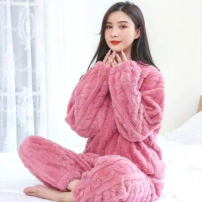 Женские терможаккардовые длинные брюки, однотонные пижамные комплекты из кораллового флиса, пуловер, повседневная одежда для сна