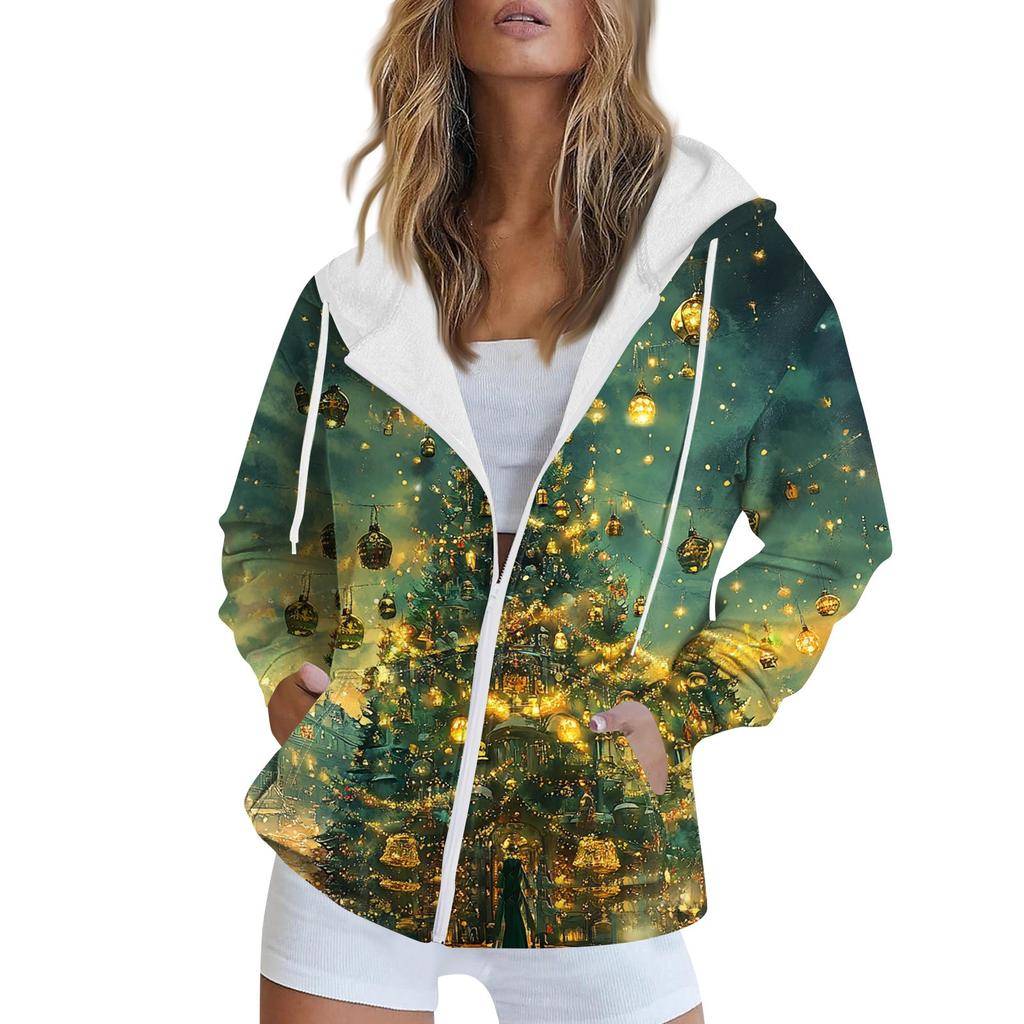 Женская рождественская печатная толстовка осень-зима с длинным рукавом кардиган куртка с карманами на молнии толстовка с капюшоном верхняя одежда