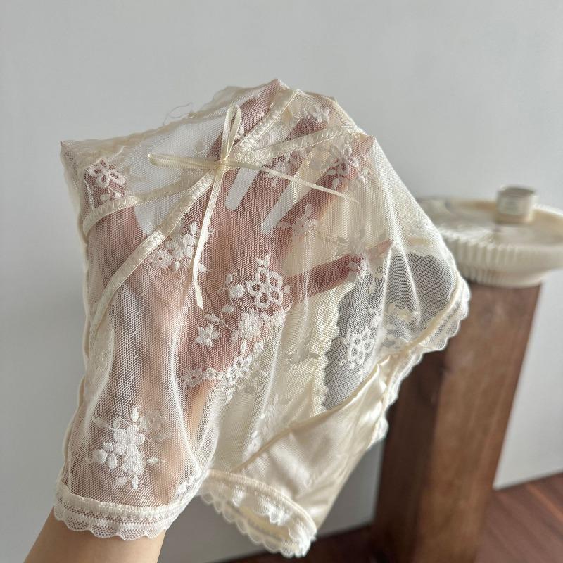 Женские летние тонкие модельки с бантиком и кружевом из чистого хлопка, прозрачные трусики-слипы треугольной формы со средней посадкой