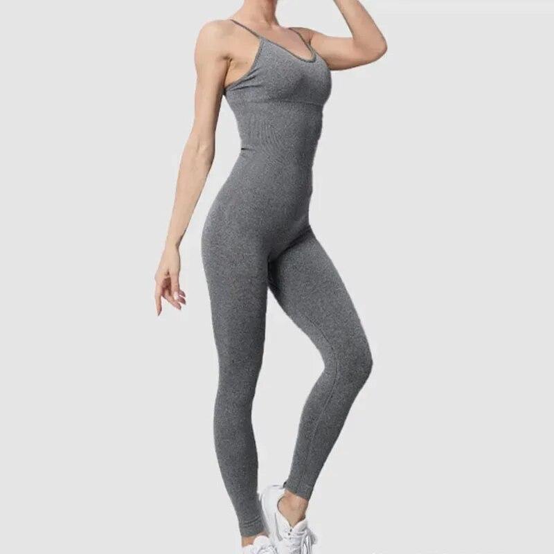 Fashion Slim Fit Tank Top And Jumpsuits For Women Sexy Sporty High-waist Solid Yoga Pants Casual Grey Ladies Trousers 30157
