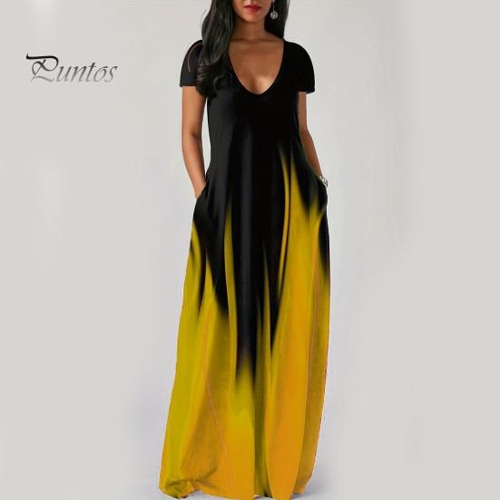 Women Maxi Dress with Pockets V Neck Short Sleeves Gradient Contrast Colors A-line Full Length Dress for Daily Party Dating