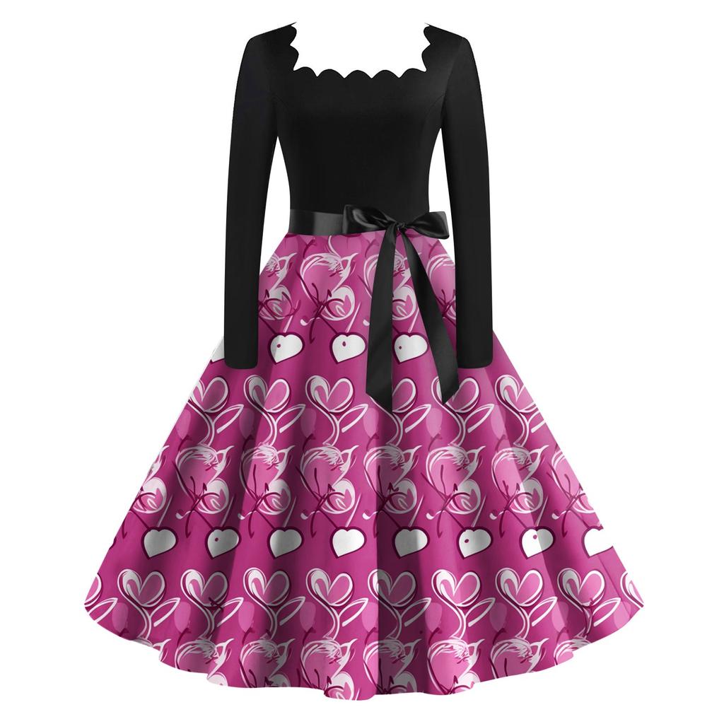 Женское винтажное классическое платье с длинным рукавом и принтом на День святого Валентина с квадратным вырезом и распашным платьем