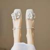 New Women's Spring Elegant Single Low Heel Women's Party Shoes Silver Beige High Heels Flat Small Leather Shoes Flowers