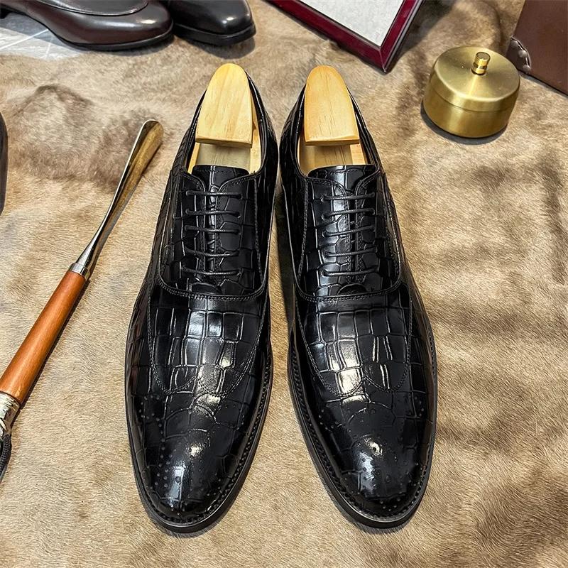 Повседневная деловая обувь в официальном стиле, британские мужские туфли из воловьей кожи с резьбой, зашнурованные, остроносые, кожаные туфли-оксфорды, удобные мужские туфли