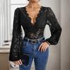 New Elegant Sexy Long Sleeve V Neck Lace Trim Bodycon Jumpsuit