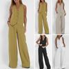 Women's Cotton Linen Wide Leg Suit Set with Sleeveless Vest and High Waist Pants