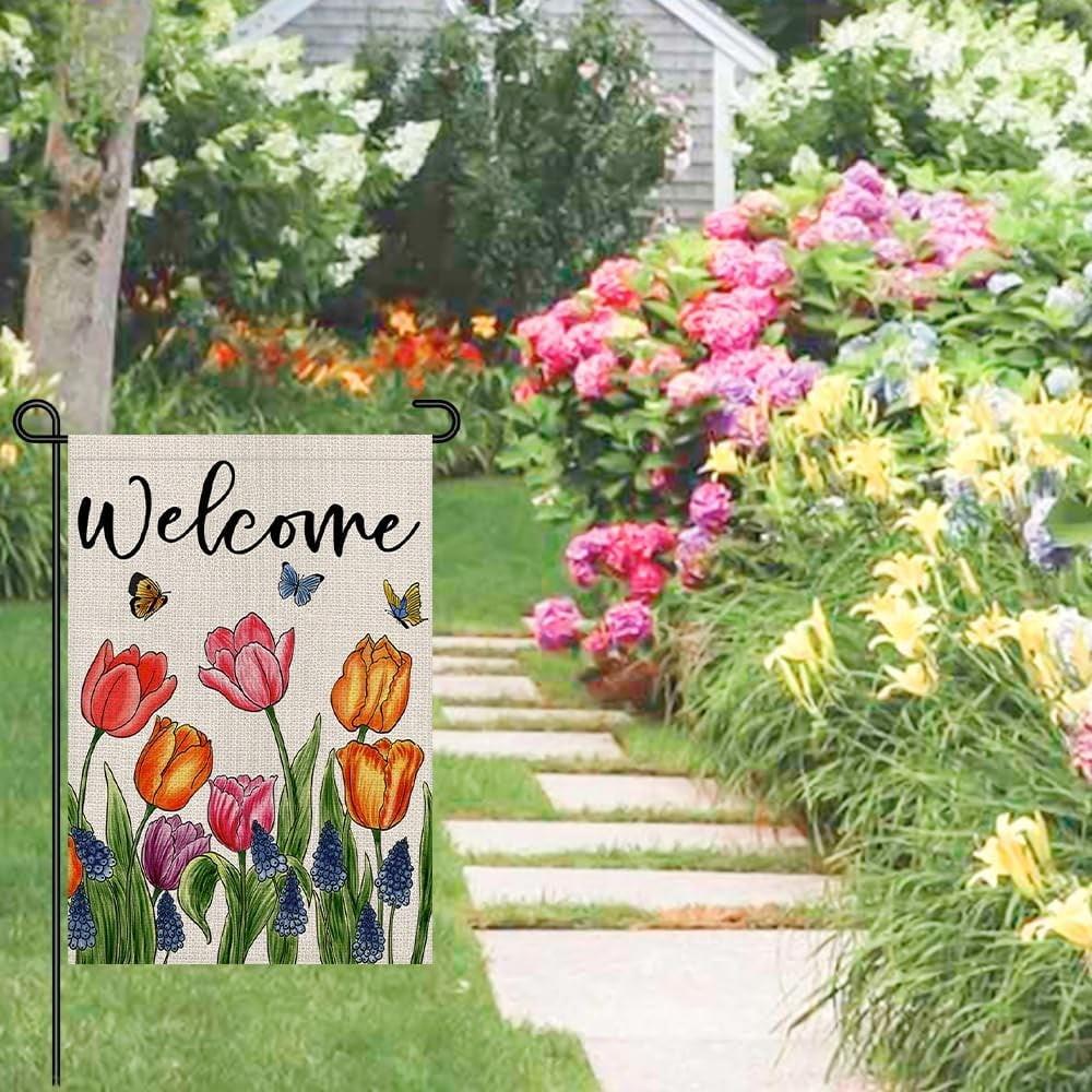 Лавандовые садовые флаги 12x18 дюймов двухсторонние наружные, весенние цветы приветственный знак праздничные украшения для двора на открытом воздухе