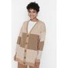 Camel Houndstooth Patterned V-neck Knitwear Cardigan Tctaw23hi00002