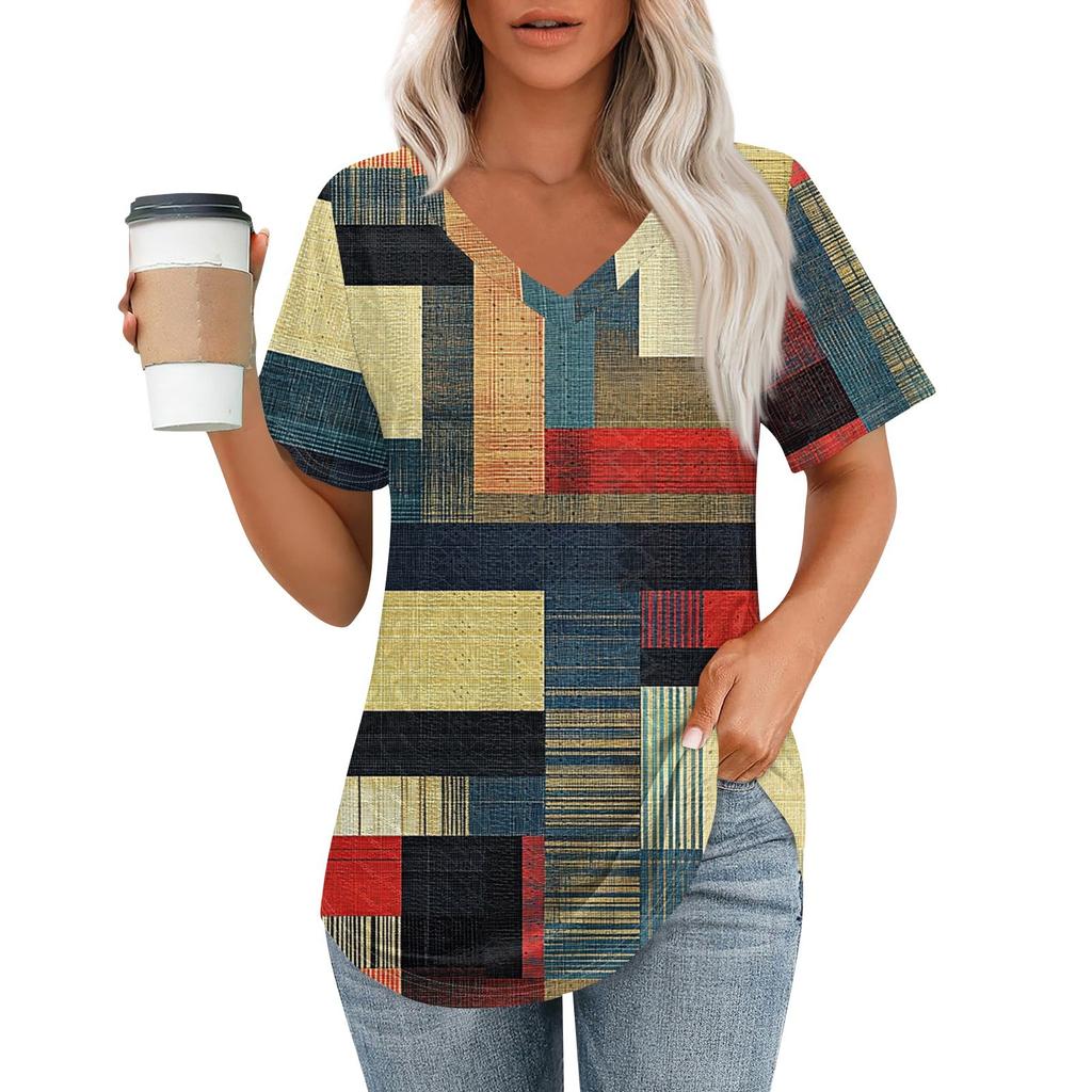 Womens T Shirts V Neck Short Sleeve Casual Tops Loose Fit Basic Tees With Curved Hem