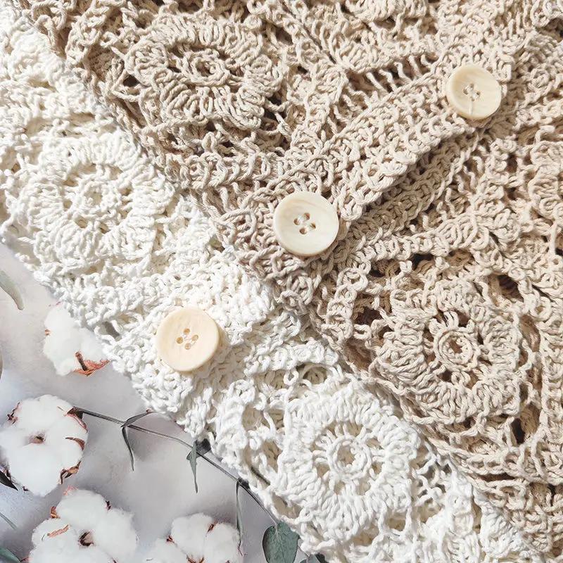 Кружевной маленький шаль, хлопковый кардиган, женский весенне-летний однотонный однотонный повседневный полый кардиган с круглым вырезом и длинными рукавами, женский