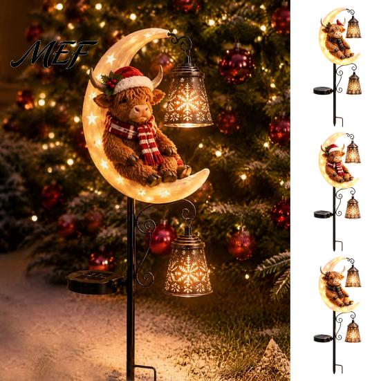 Festive Winter Yard Sculpture Highland Cow Moon Solar Garden Light, Christmas Metal Snowflake Stakes Stake Powered Outdoor Lawn Path Decoration
