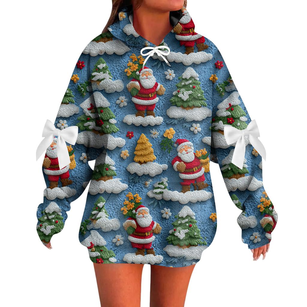 Женский рождественский с принтом банта, с длинными рукавами, свободного кроя, повязка на голову с веревкой, худи-топ с капюшоном