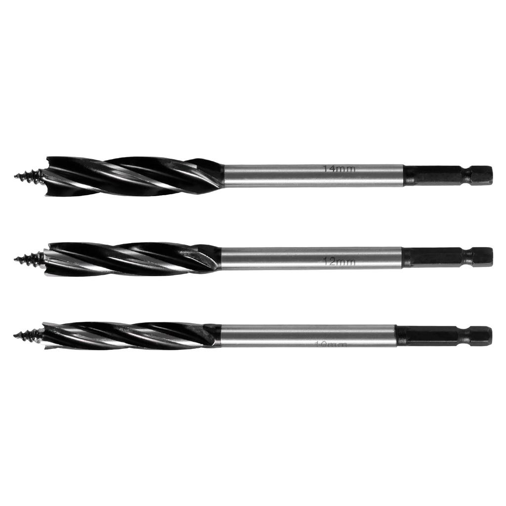 3Pcs Wood Auger Drill Bit Set High-Carbon Steel 4 Flute Cut Drilling Bit Kit 10-14mm Self-Tapping Hex Shank Wood Hole Drill Bit