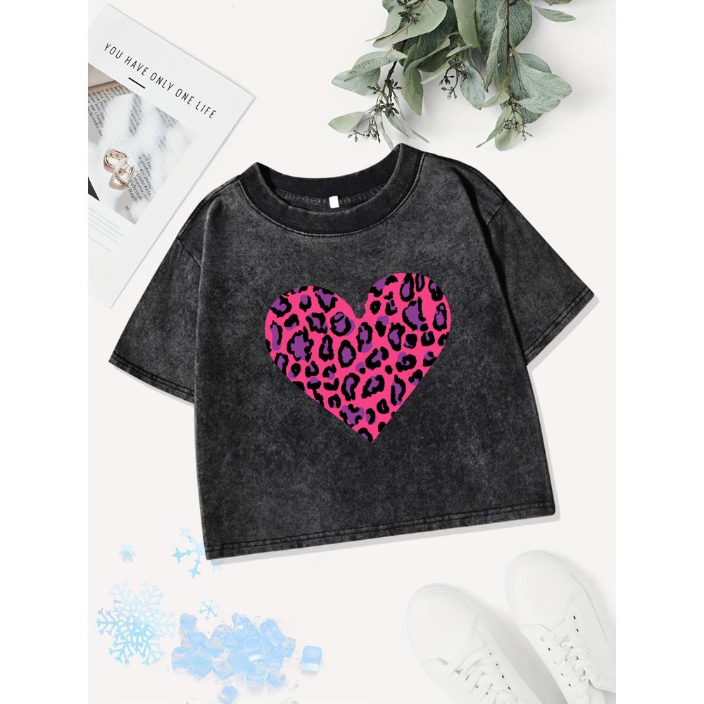 Summer Cotton Crop Tops Womens Pink Leopard Heart Prints Washed T-Shirts Distressed O-Neck Regular Fit Clothes