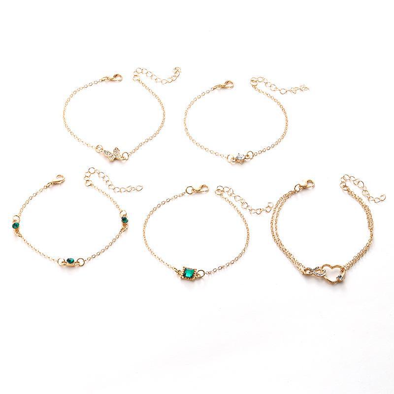 European & American Retro Green Diamond Bracelet Set: 5-Piece Square, Butterfly, and Love Designs