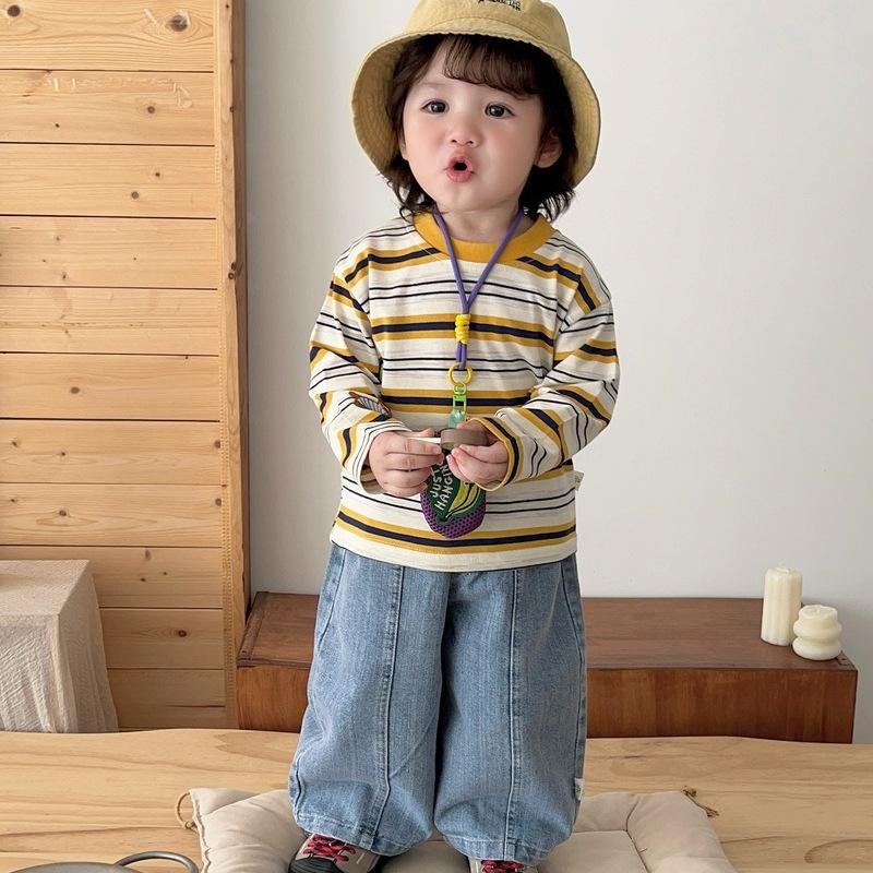 Infant Clothes Autumn Striped Puppy Embroidered Long-Sleeved T-Shirt Top Children'S Korean Loose Bottoming Shirt