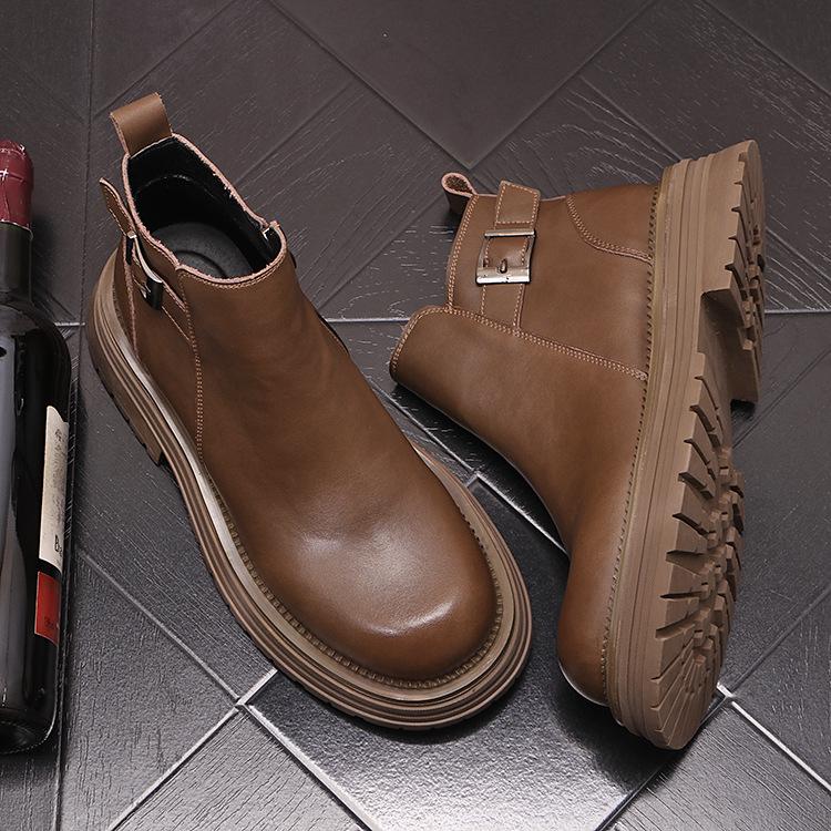 Men's Chelsea Leather Slip-On Boots - High-Top, British Style, with Inner Height Increase and Martin Boot Warmth.