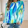 Women Plus Size Round Neck Long Sleeve Ribbed Cuffs Blue Pink White Printed Sweatshirt