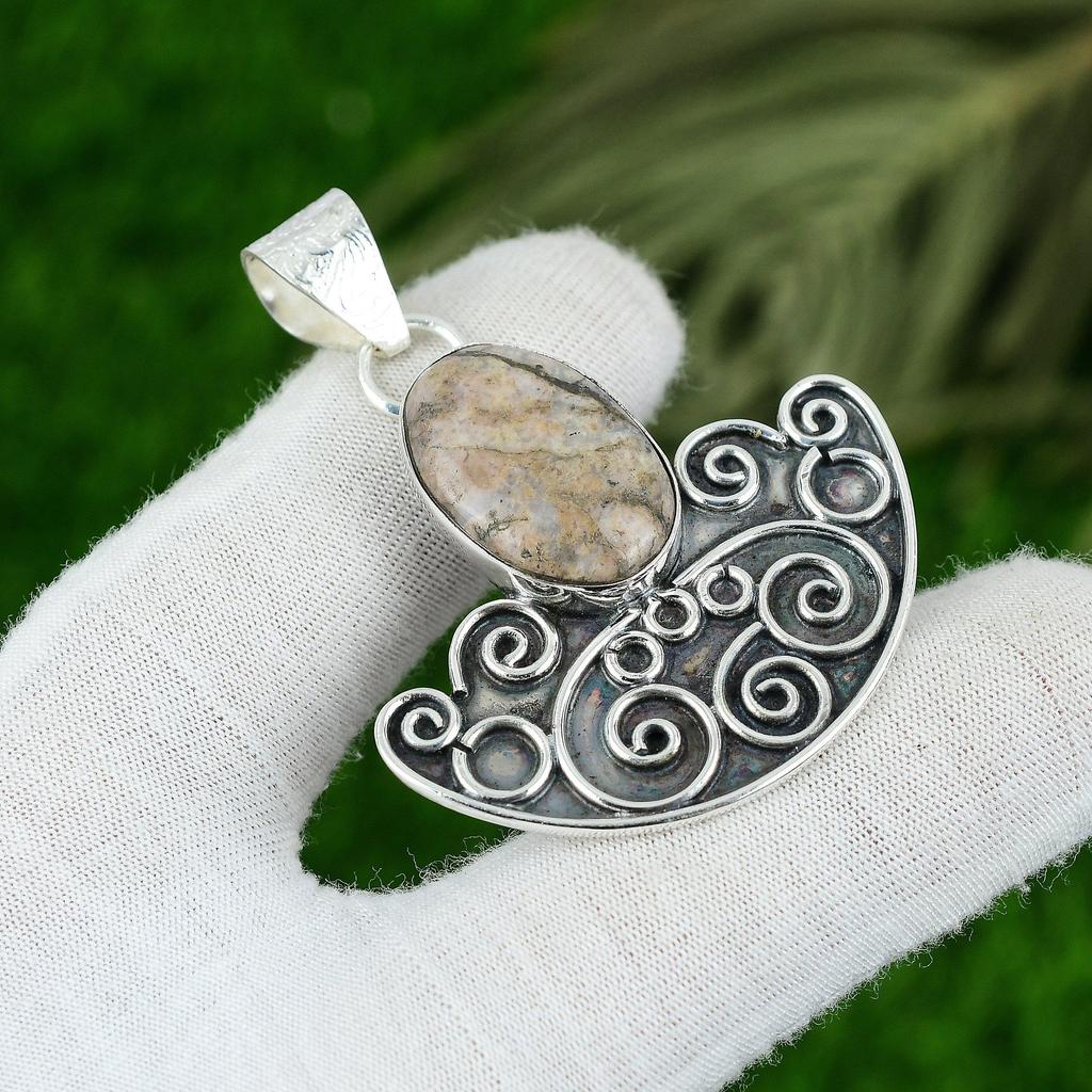 Oval Picture Jasper Stone 925 Silver Handmade Wife Elegant Bezel Pendant Jewelry