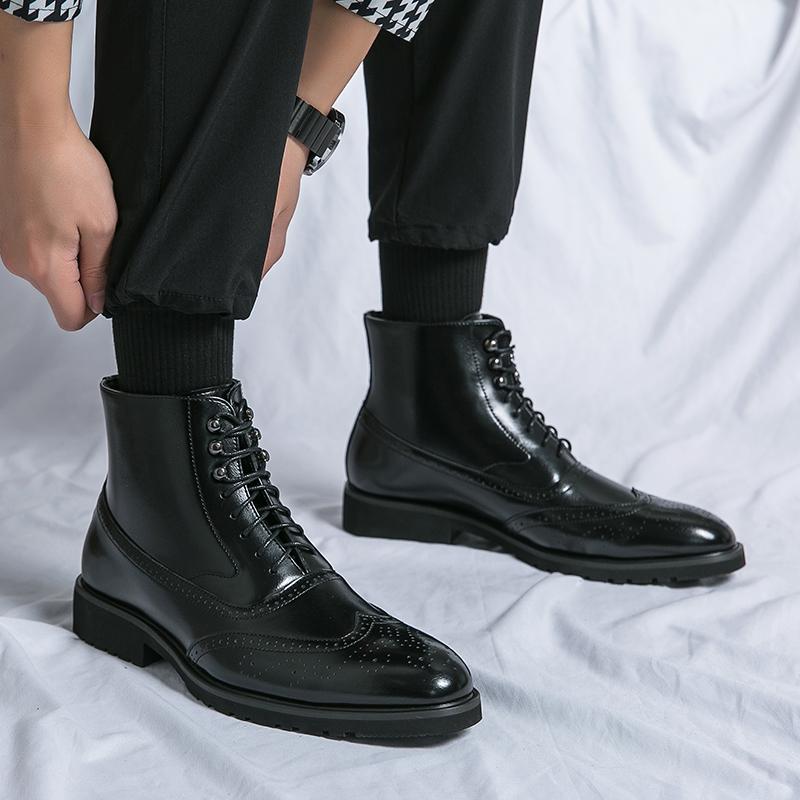Classic Pointed Leather Boots for Men Lace Up Oxfords Low-heel Dress Boots for Men High Top Formal Shoe Men Ankle Boots