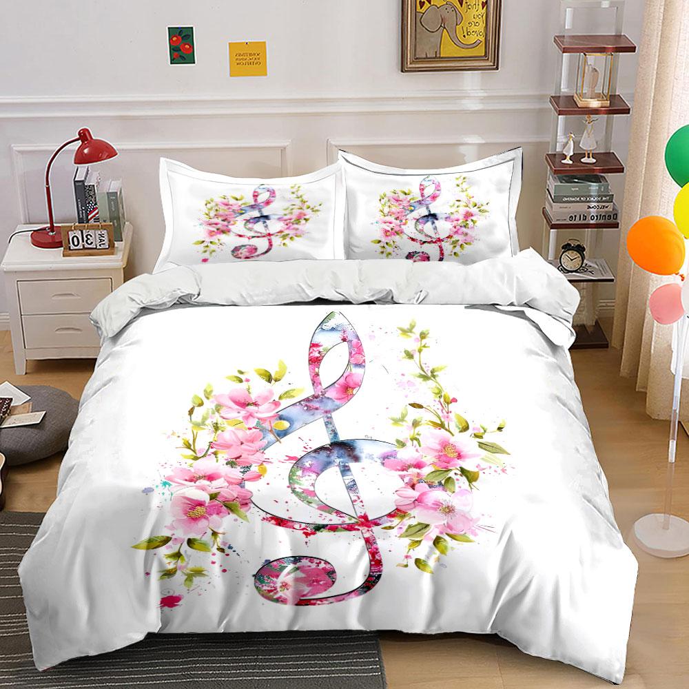 Floral Music Note Design Bedding Duvet Cover Set (1*Duvet Cover 2*Pillowcases, without duvet insert)