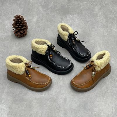 Плюшевые Ботильоны на Шнуровке из Натуральной Кожи для Женщин Универсальные Теплые Хлопковые Туфли на Мягкой Подошве