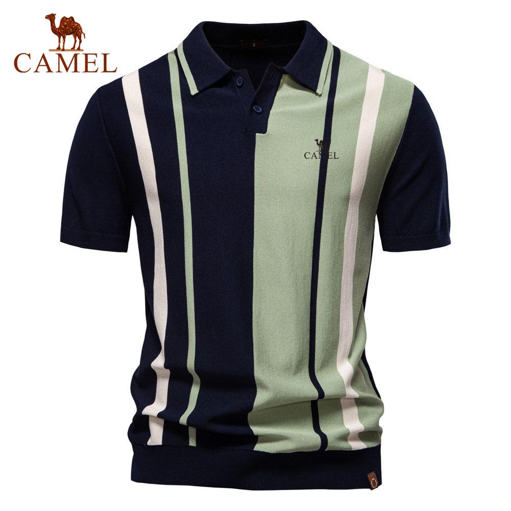 Camel 2025 Summer Embroidery New Men's Lapel Short Sleeved Knitted Polo Striped Patchwork Plus Size Short Sleeved Polo Shirt for Men