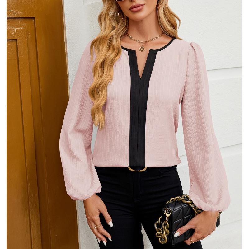 Весенняя женская новая рубашка-топ с V-образным вырезом и длинными рукавами в тон