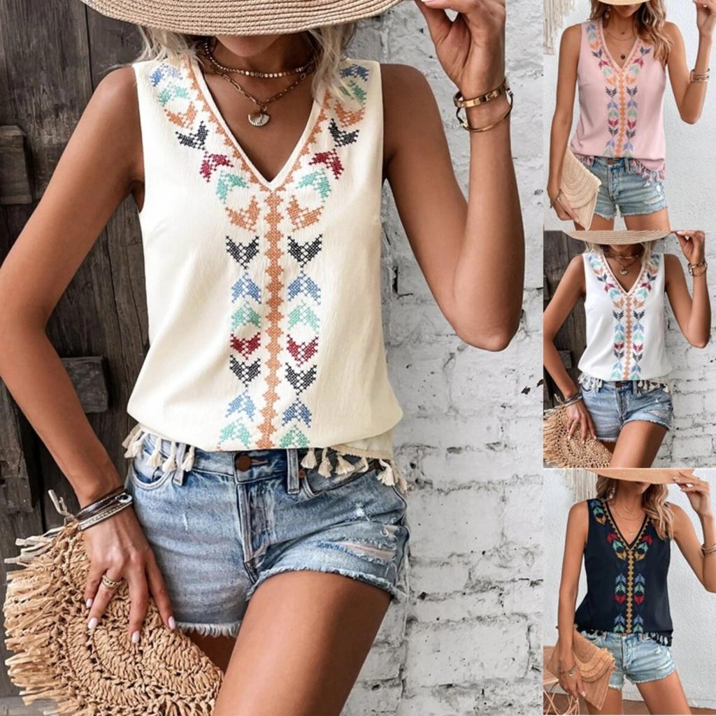 Women's V Neck Sleeveless Tank Top Slim Fit Bohemian Ethnic Embroidery Fringe Hem Casual Blouse