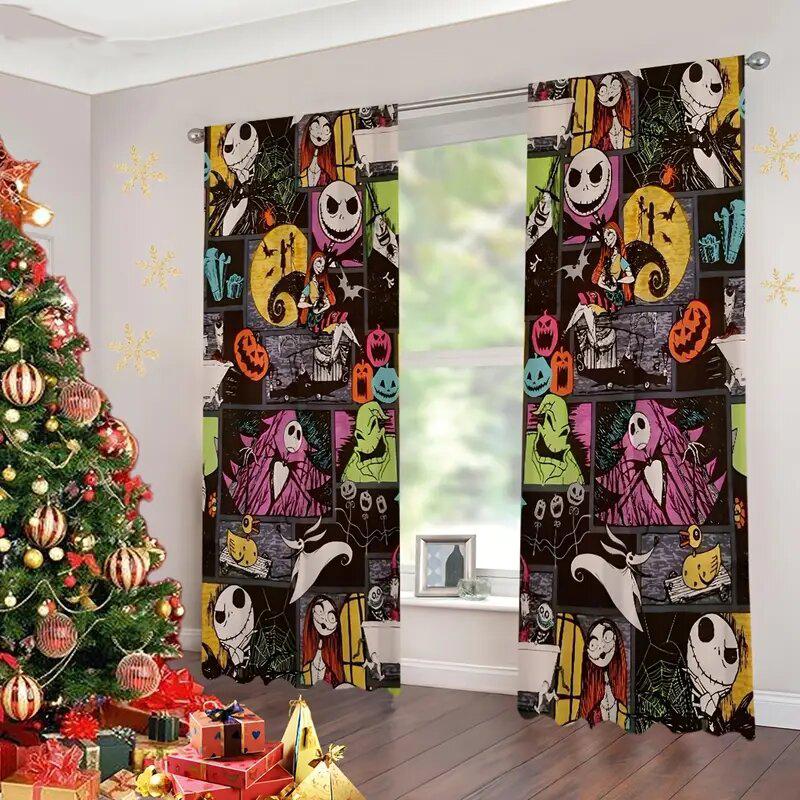 2pcs - Christmas Nightmare pattern printed curtains before Christmas, pole bag curtains, home decoration, room decoration