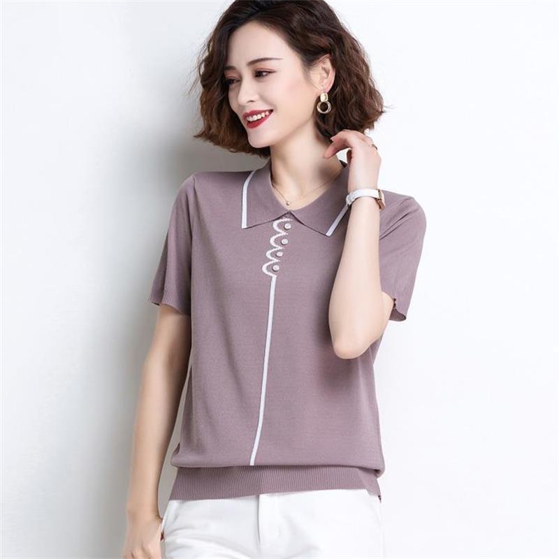 Женская трикотажная рубашка с коротким рукавом и кукольным вырезом, универсальная, модная, повседневная, большого размера, летняя, тонкая
