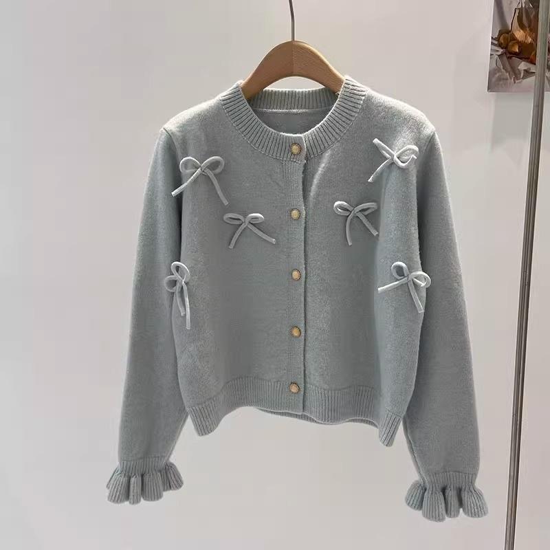 Корейский нежный и милый стиль трехмерный бант вязаный кардиган женский расклешенный рукав круглый вырез свитер куртка короткий топ