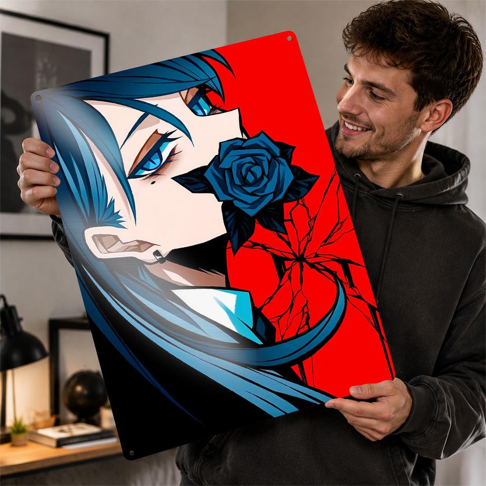 Anime Character With Blue Rose Metal Poster Perfect Gift for Fans Lovers Customized Wall Art Metal Sign for Bedroom Stuff Decor