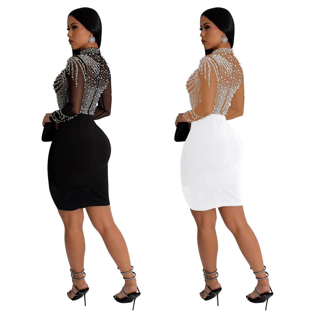 Европейская и американская мода Женское мини-платье с длинным рукавом из сетки однотонной расцветки с горячей фиксацией.