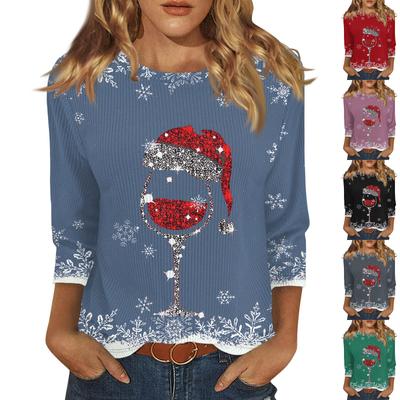 Женская мода и зима повседневная круглая горловина матовая рубчатая рождественская печать футболка рукав три четверти женская одежда