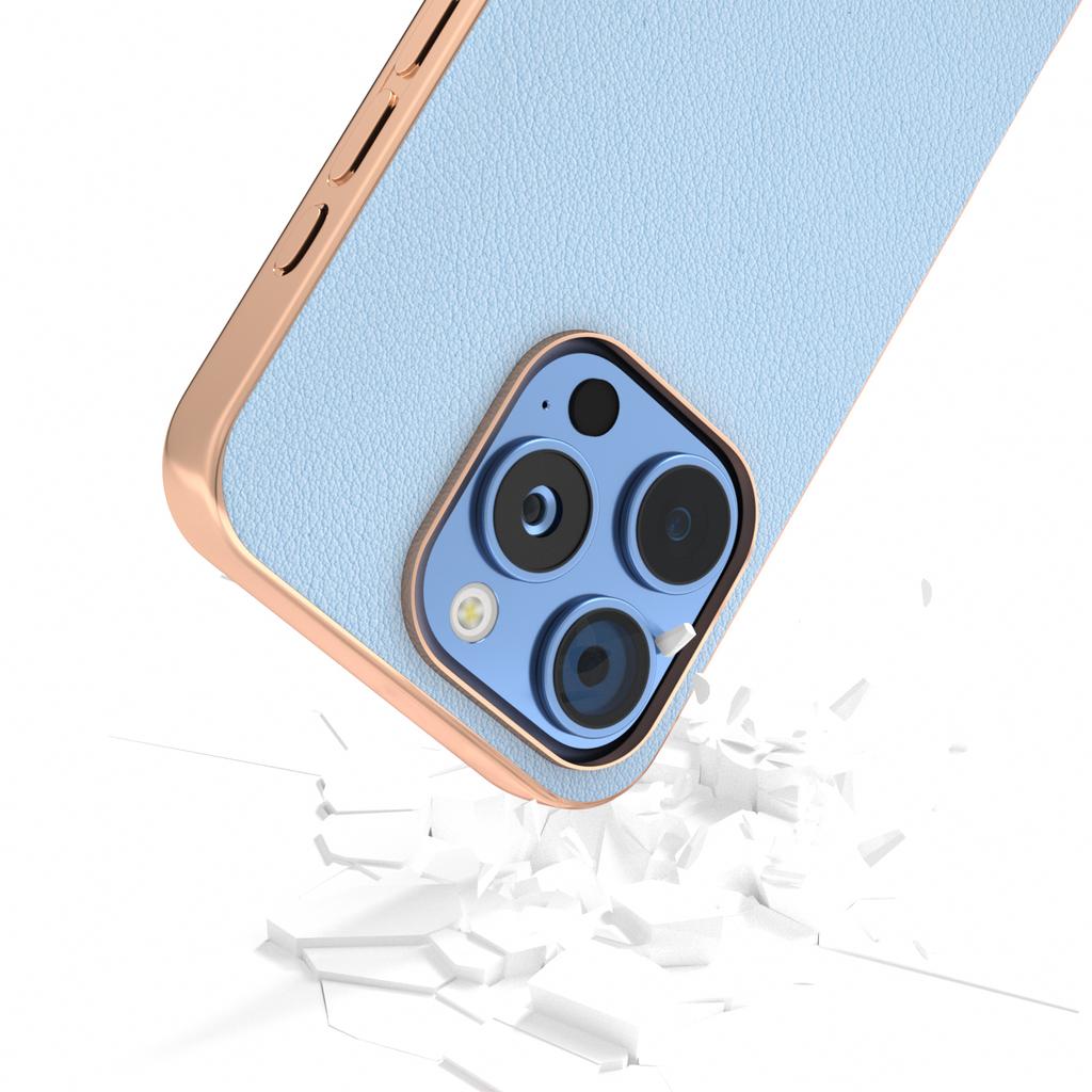 ABEEL For iPhone 16 Pro Case Electroplating Edge Genuine Cow Leather+PC+TPU Phone Cover