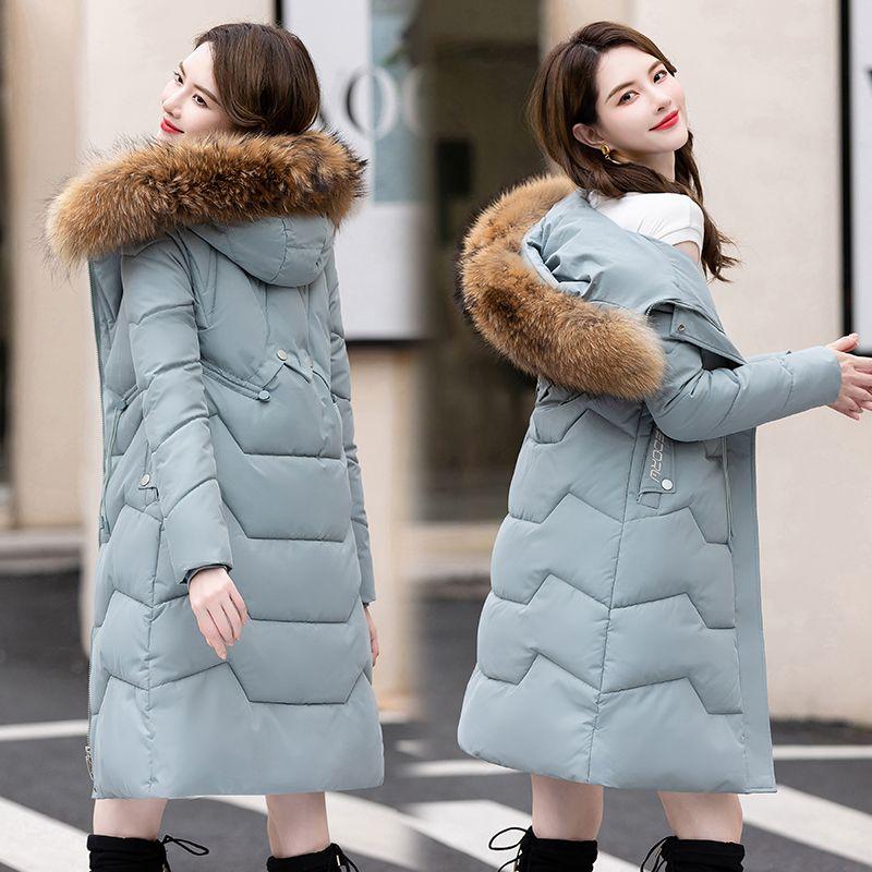 Пуховик женский средней длины и длинный новый приталенный с меховым воротником теплый пуховый утолщенный зимний