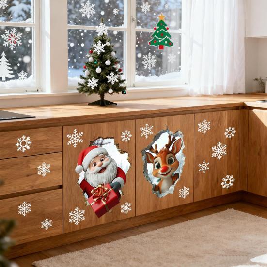 Рождественская наклейка на стену Реалистичная самоклеящаяся наклейка на стену Санта-Клаус 3D визуальный эффект Мультяшная наклейка с лосем для стен Домашний декор для гостиной, игровой комнаты